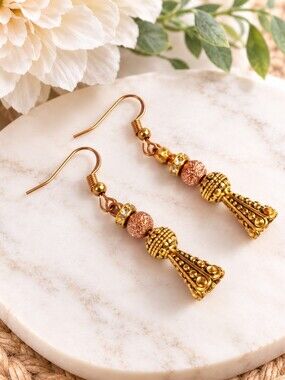 Handmade Gold-Plated Tassel Beaded Earrings, 2" Drop, NWT